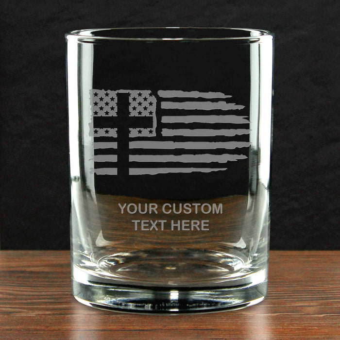 Christian Cross US Flag Personalized 14 oz. Double Old Fashioned Glass