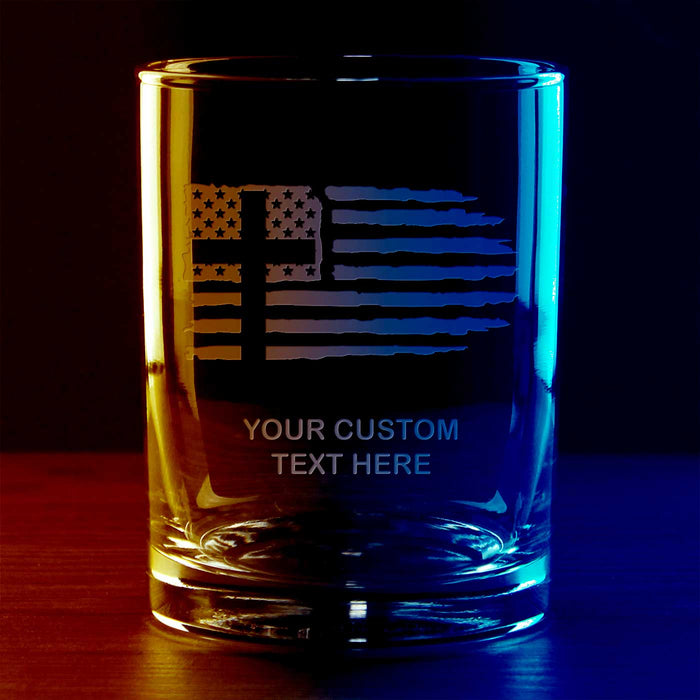 Christian Cross US Flag Personalized 14 oz. Double Old Fashioned Glass