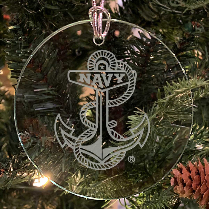 U.S. Navy 'Pick Your Design' 3" Round Etched Glass USN Christmas Tree Ornament