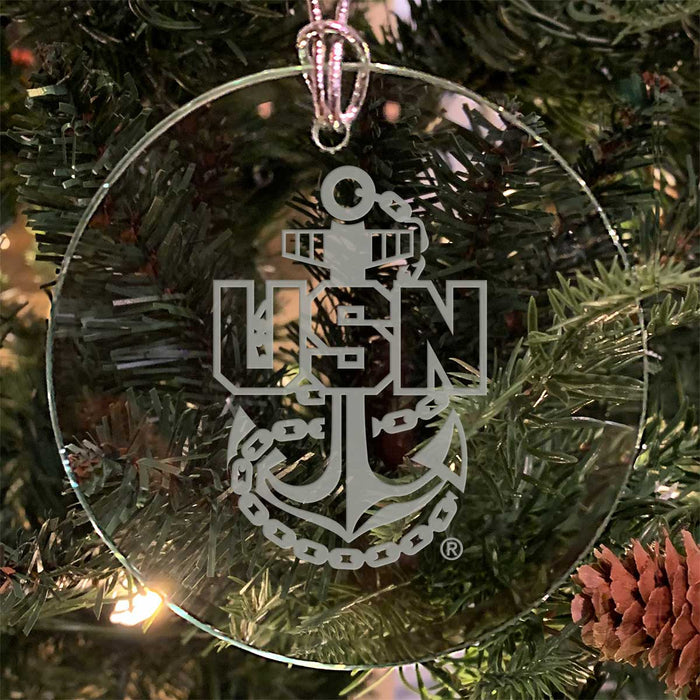 U.S. Navy 'Pick Your Design' 3" Round Etched Glass USN Christmas Tree Ornament