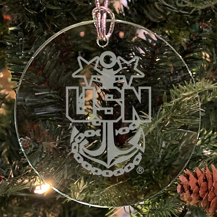 U.S. Navy 'Pick Your Design' 3" Round Etched Glass USN Christmas Tree Ornament