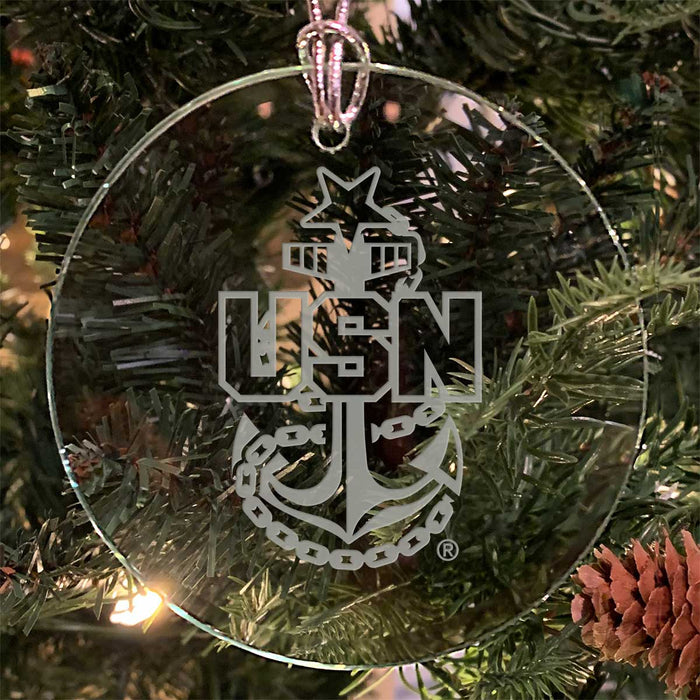 U.S. Navy 'Pick Your Design' 3" Round Etched Glass USN Christmas Tree Ornament